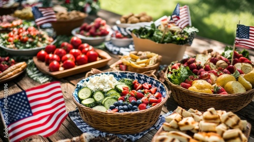 Colorful Labor Day Picnic with Festive Food in Baskets Outdoors