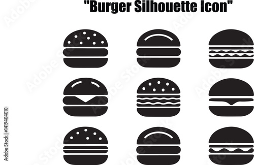 This set features various simple, black silhouette icons of hamburgers, suitable for use in menus, websites, or any design project related to food, fast food, or restaurants.