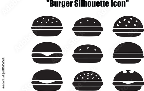 This set features various simple, black silhouette icons of hamburgers, suitable for use in menus, websites, or any design project related to food, fast food, or restaurants.