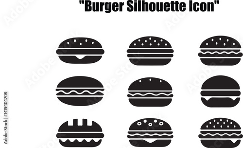 This set features various simple, black silhouette icons of hamburgers, suitable for use in menus, websites, or any design project related to food, fast food, or restaurants.