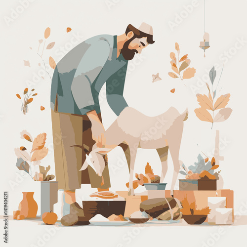 Illustration of Eid al-Adha. Muslims Prepare Sacrificial Animals. People Celebrate Eid al-Adha