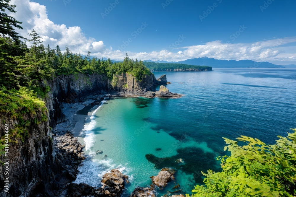 Obraz premium Turquoise water lapping secluded beach on rugged coastline with lush forest