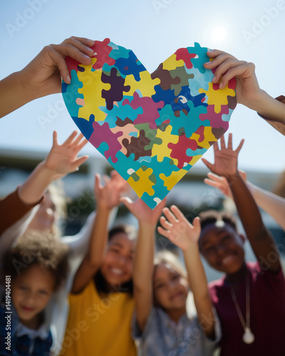 A large heart composed of vibrant puzzle pieces floating above the hands of diverse children looking up and smiling, sunny background, inspirational and inclusive theme
