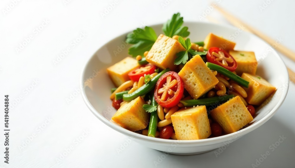 Stir-fried vegetables with tofu on white background, plate, fresh, lunch Stir-fried vegetables with tofu on white background, plate, fresh, lunch