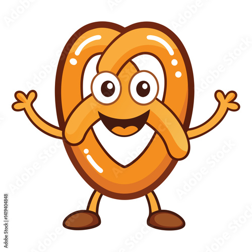 A mascot logo of a quirky and fun anthropomorphic pretzel with a smiling face and arms outstretched, representing a welcoming and tasty snack brand 