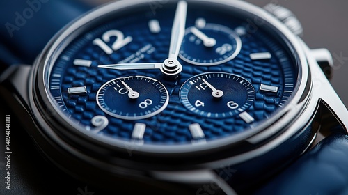 Close-up of a luxury chronograph wristwatch with a deep blue textured dial