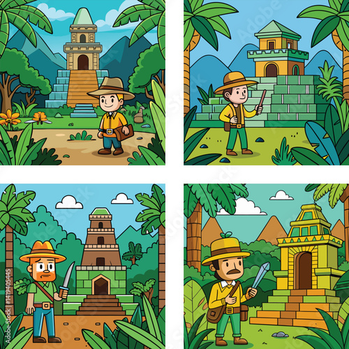 Cartoon Adventurers Exploring Ancient Temples In A Jungle Landscape Vector Illustration Set