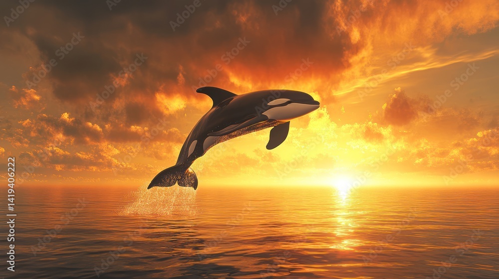 Obraz premium Orca leaping sunset ocean wildlife nature (4)