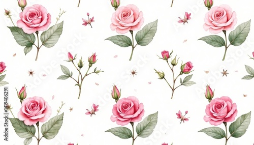 Delicate watercolor rosebuds & leaves, repeating pattern, summer, soft