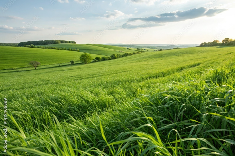 Lush green meadow's vibrant, curly grass forms a serene, natural photographic background. Lush green meadow's vibrant, curly grass forms a serene, natural photographic background.