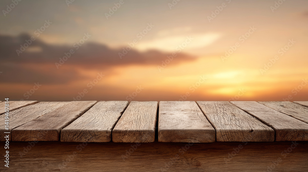 Empty wooden table set against a blurred sunset backdrop, offering an ideal space for product placement and creative displays Empty wooden table set against a blurred sunset backdrop, offering an ideal space for product placement and creative displays