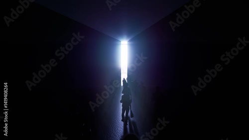 A crowd of addicted people are walking like a herd towards the light at the end of the tunnel