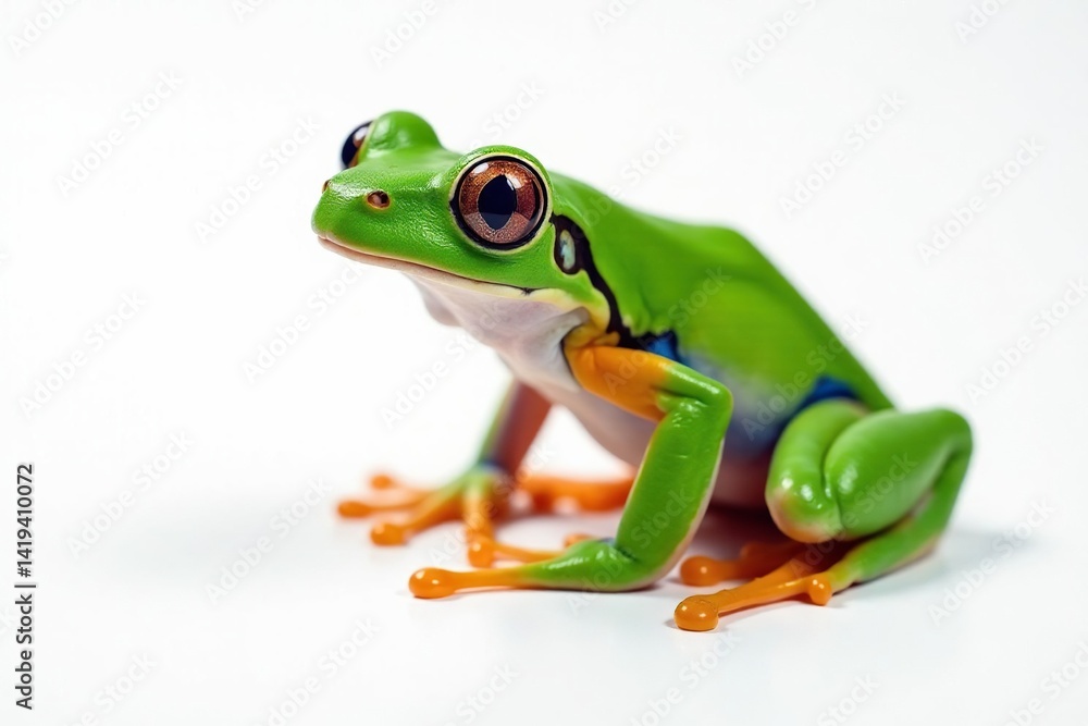 Green tree frog perched on white, vibrant detail, wildlife, background Green tree frog perched on white, vibrant detail, wildlife, background