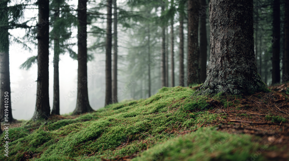 Obraz premium Serene forest landscape featuring moss covered ground and towering trees enveloped in gentle fog, creating a tranquil and mystical atmosphere