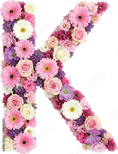 floral Letter k from flowers isolated on white background