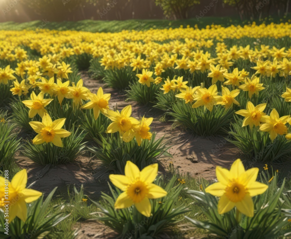 Fototapeta premium A carpet of cheerful yellow daffodils blossoms under the warm sun in a verdant field , golden, landscape, vibrant