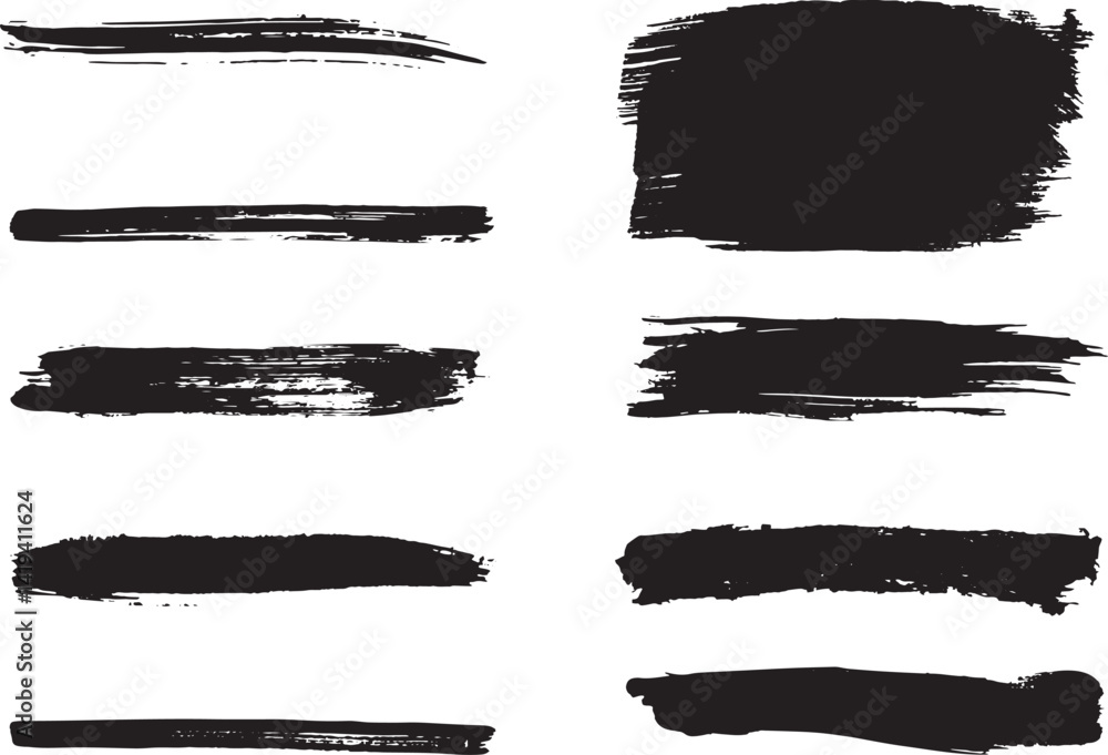 Set of Black Brush Stroke Illustrations with Varied Textures for Art and Design Themes Set of Black Brush Stroke Illustrations with Varied Textures for Art and Design Themes
