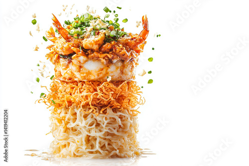 a pile of noodles with shrimp and vegetables
