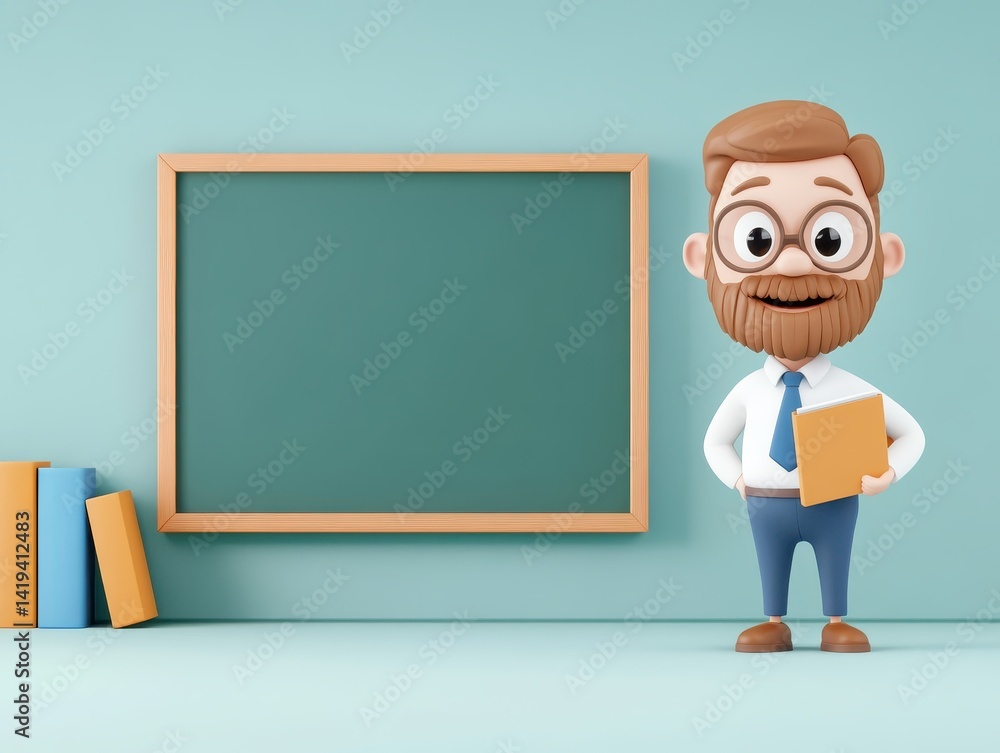 Cartoon teacher by empty chalkboard Cartoon teacher by empty chalkboard