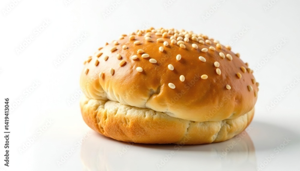 Sesame seed topped bun, slightly shiny surface, white background , delicious, gluten, ingredient Sesame seed topped bun, slightly shiny surface, white background , delicious, gluten, ingredient