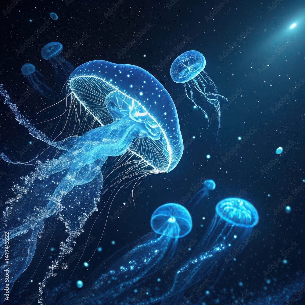 Ethereal Jellyfish Dance in a Luminous Underwater Galaxy Ethereal Jellyfish Dance in a Luminous Underwater Galaxy