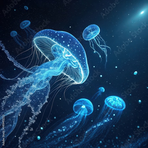 Ethereal Jellyfish Dance in a Luminous Underwater Galaxy