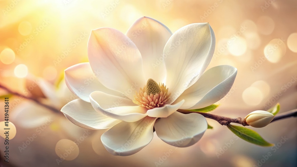 Fototapeta premium Macro photography captures a magnolia's ethereal bloom, its creamy petals softened against beige.