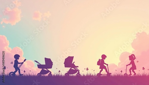 Subtle stroller silhouettes repeating on pastel background, wheels, simple