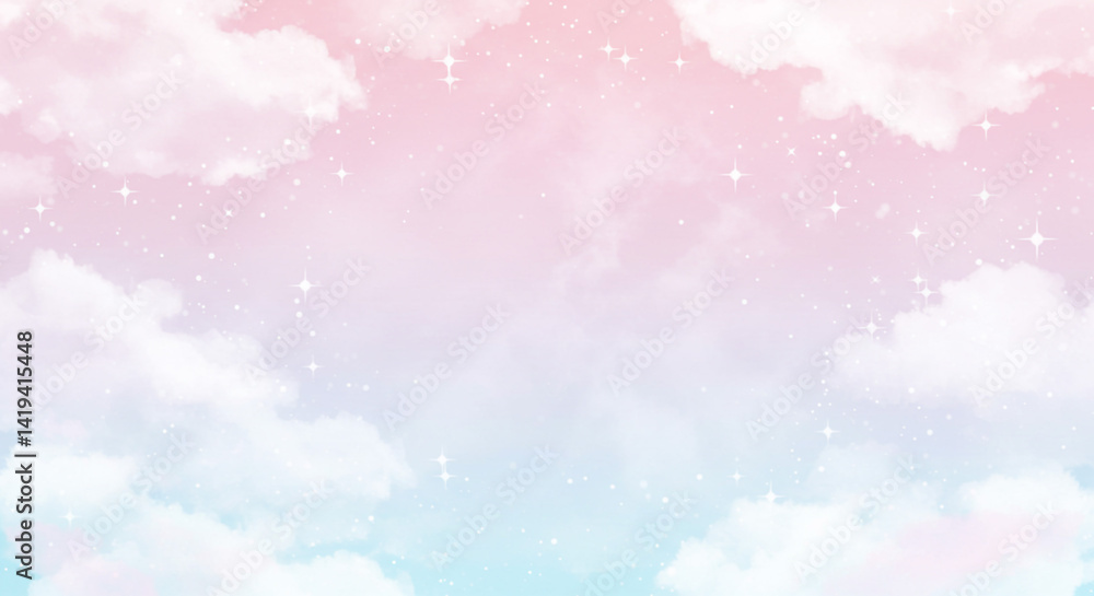Dreamy pastel sky with fluffy clouds sparkling stars pink and blue gradient soft light Dreamy pastel sky with fluffy clouds sparkling stars pink and blue gradient soft light