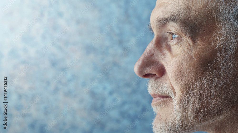 Fototapeta premium thoughtful elderly man gazes into distance, showcasing wisdom and experience against textured blue background