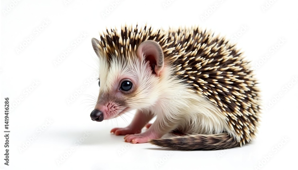 Obraz premium Tiny hedgehog curled, isolated on pure white background, animal portrait, mammal