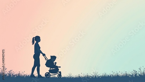 Subtle stroller silhouette repeat on pastel background, modern, chic
