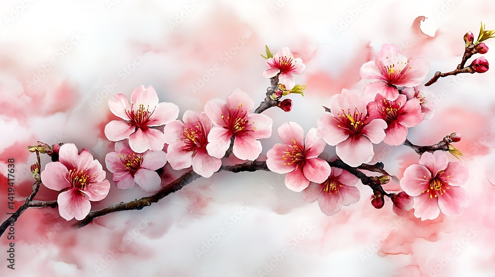 Obraz premium Delicate cherry blossom branches in bloom watercolor art serene environment close-up view