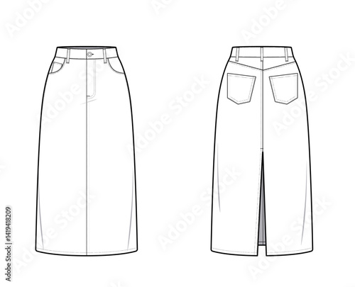 Denim Maxi Skirt with Back Slit- Straight Design- Front and Back View- Fashion Technical Illustration - Denim Skirt CAD Mock-up 