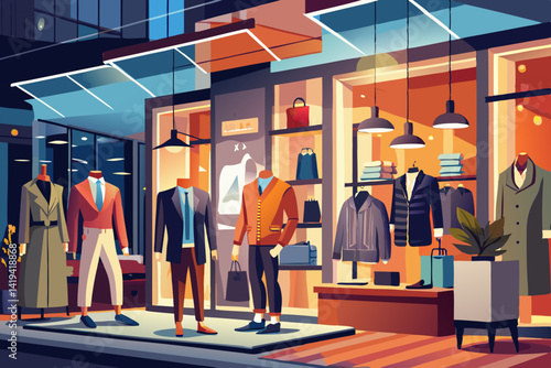 vector of Clothing Storefront - Sophisticated clothing store that showcases modern fashion, warm lighting, stylish mannequins and attractive display windows. Symbol, quality, ..
