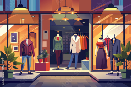vector of Clothing Storefront - Sophisticated clothing store that showcases modern fashion, warm lighting, stylish mannequins and attractive display windows. Symbol, quality, ..