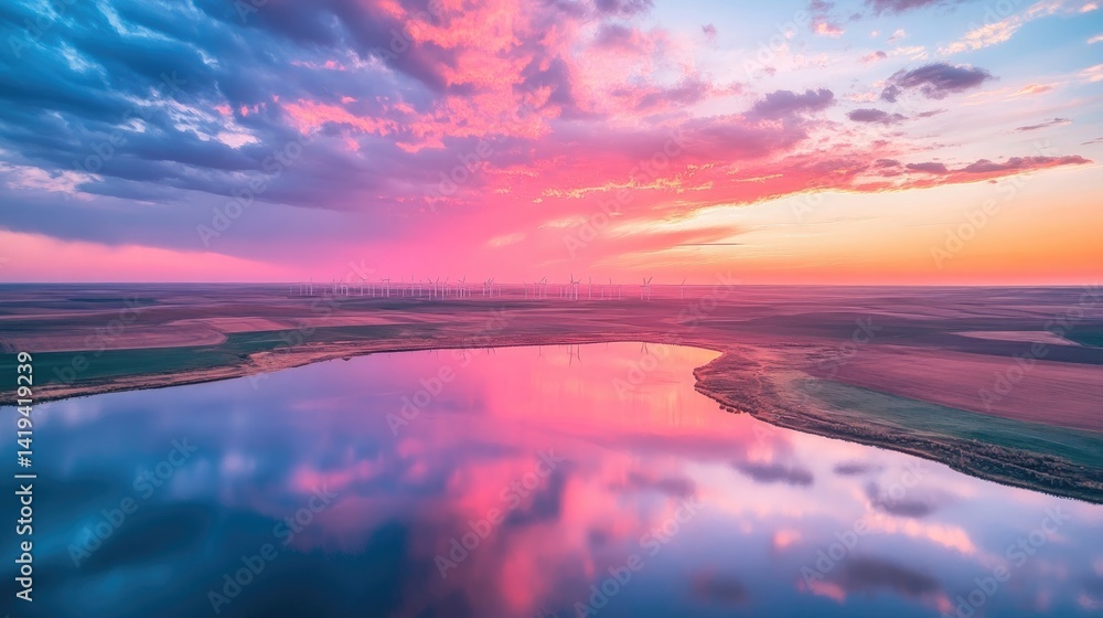 Fototapeta premium Gorgeous pinks and blues with an orange glow at sunset over an aerial view of a wind farm in farmland