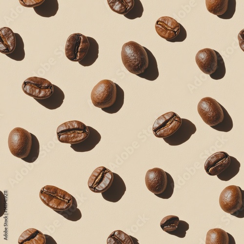 Rich roasted coffee beans scattered on a seamless tile background showcasing natural textures and warm brown hues