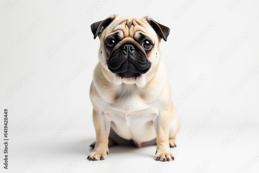 Obraz premium Solo pug, facing forward, on seamless white backdrop, one, expression, pet