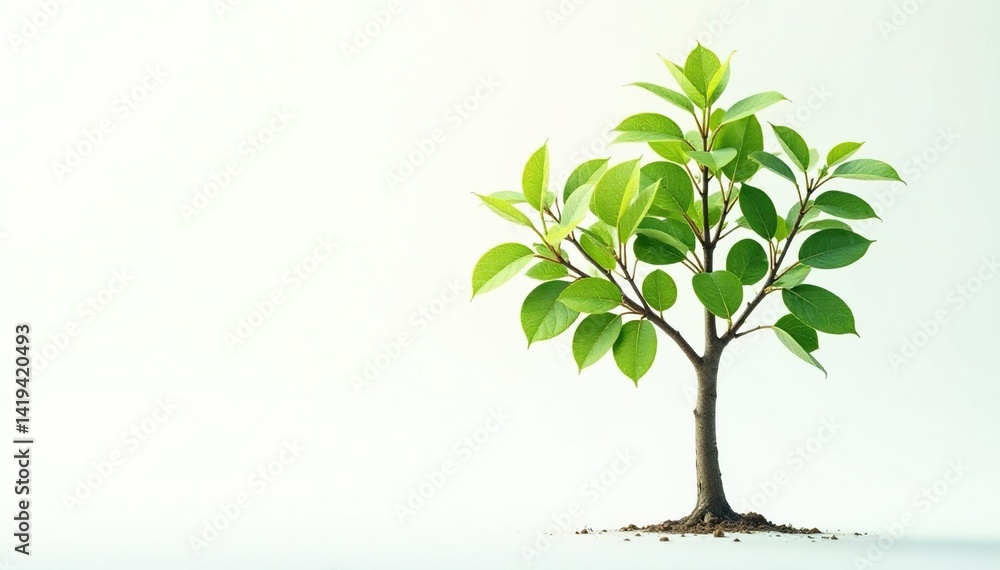 Fototapeta premium Young tree, delicate leaves, isolated white background, single, young, stock