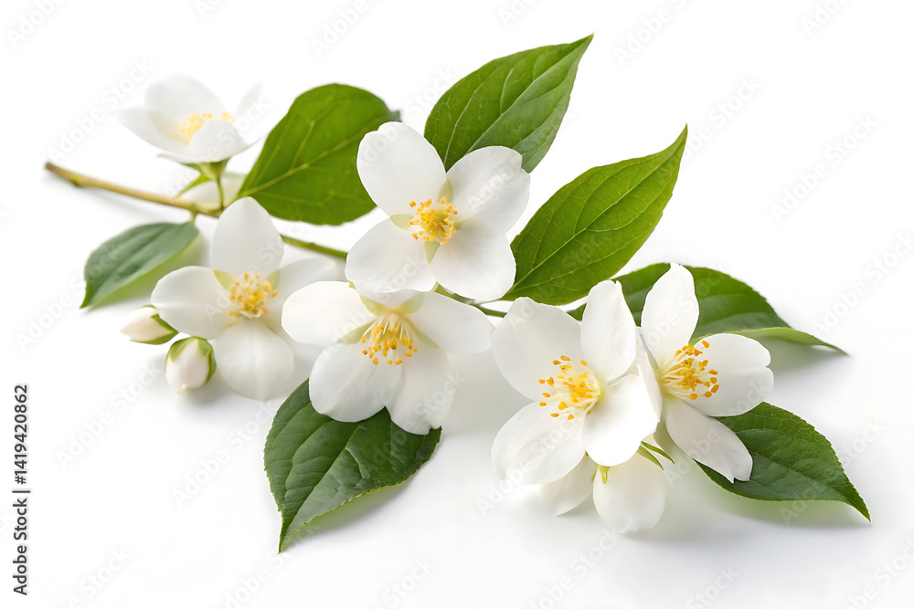 Fresh White Jasmine Flowers with Green Leaves isolated on white background . Fresh White Jasmine Flowers with Green Leaves isolated on white background .