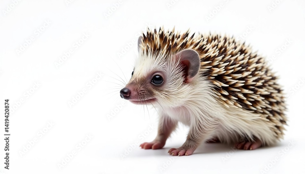 Tiny hedgehog posed against pure white background, showcasing its spines and features , isolated animal, rodent, brown Tiny hedgehog posed against pure white background, showcasing its spines and features , isolated animal, rodent, brown