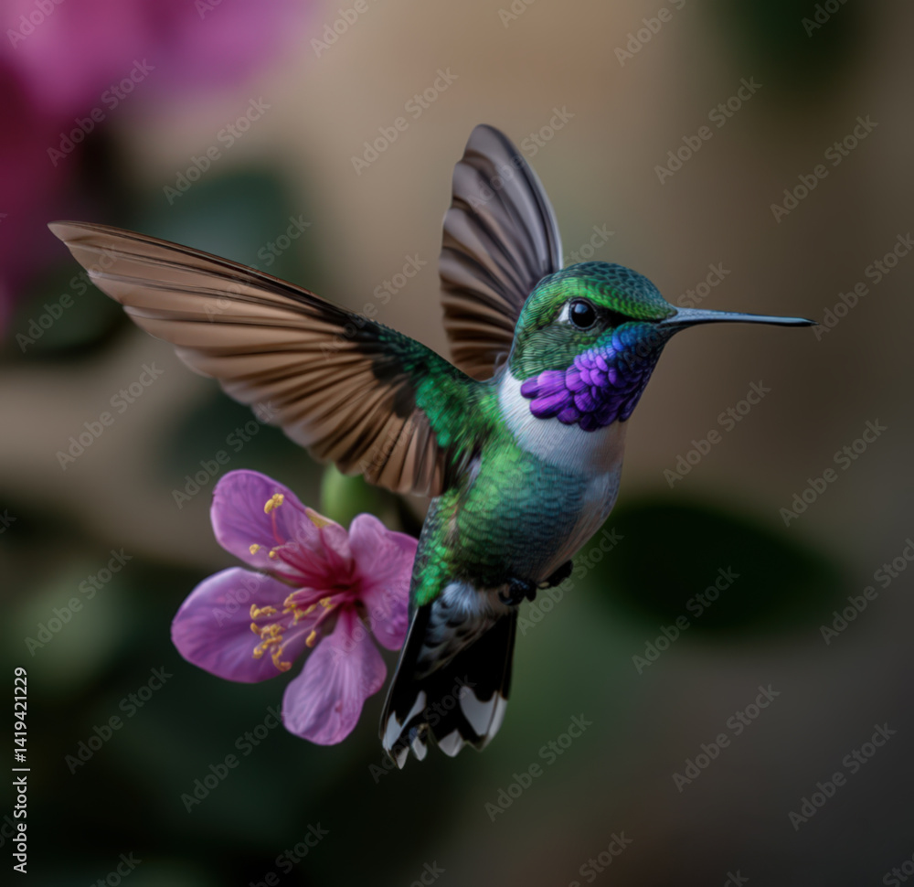 Obraz premium A hummingbird in vibrant flies near flower petals