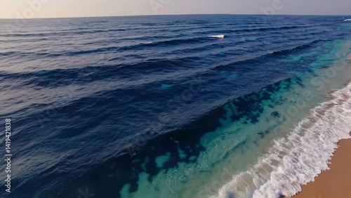 Pristine white sandy beach receiving crystal clear turquoise waves, revealing mesmerizing natural seascape with sunlight shimmering across rolling surf and tranquil horizon
