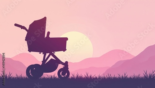 Subtle stroller silhouette repeat on pastel background, soft, pink, monochrome