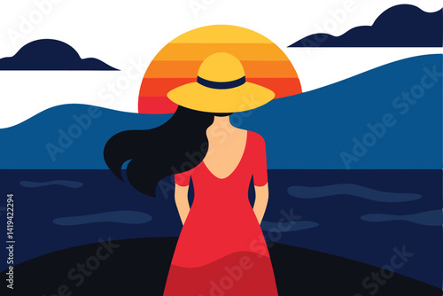 Brunette Woman in Red Dress & Yellow Hat Views Sunset Near Mountains