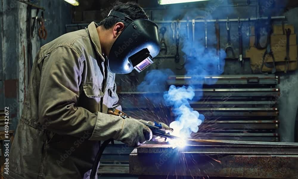 Welder in metal workshop Welder in metal workshop