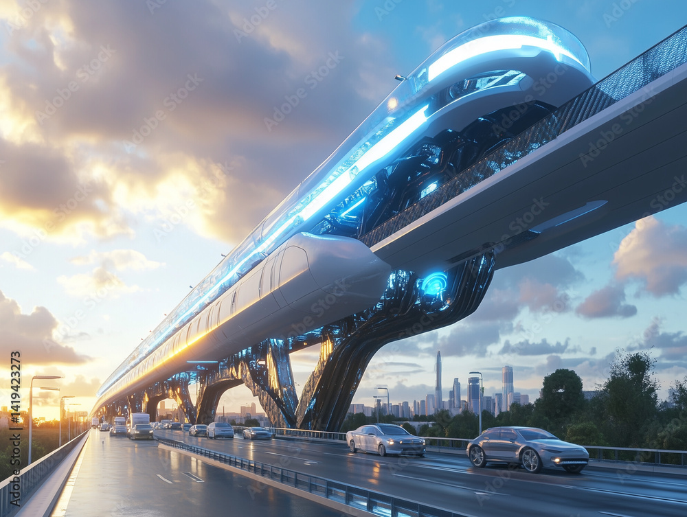 Naklejka premium Futuristic AI-driven smart roads and highways featuring autonomous vehicles, intelligent traffic systems, and IoT connectivity. Perfect for technology, transportation, and future mobility concepts.