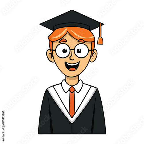 Cartoon Smiling Caucasian Graduate with Black Gown and Mortarboard on White