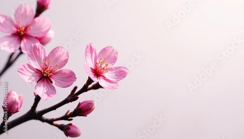 Intricate sakura branch pattern, showcasing individual blossoms and buds against a light background , soft, japanese